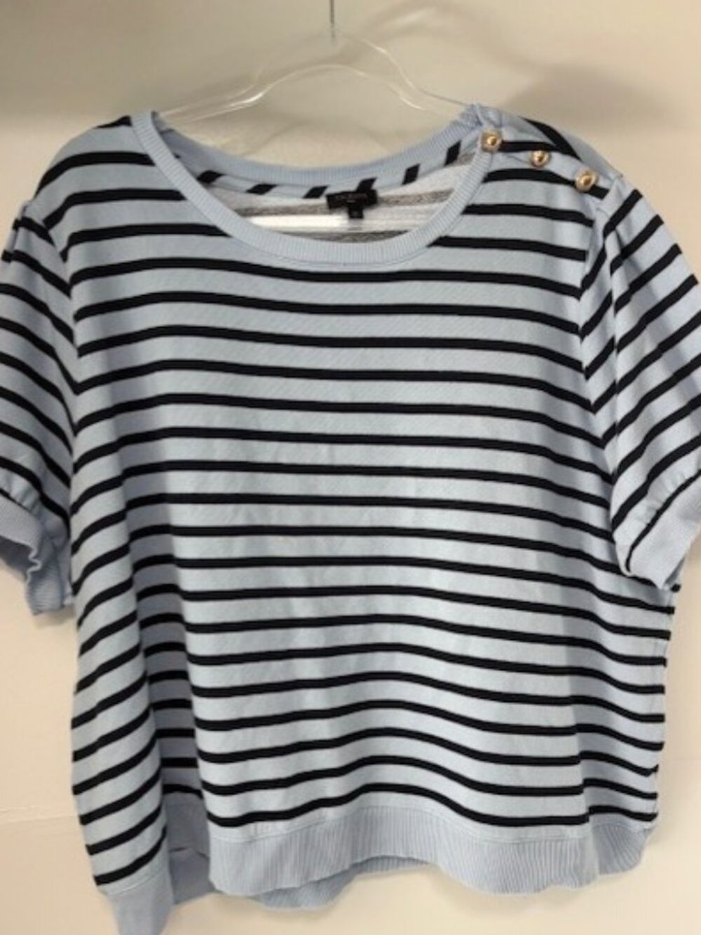Talbots Plus 3X Women’s Blue Black Stripe Short Sleeve Button Shoulder Knit Top